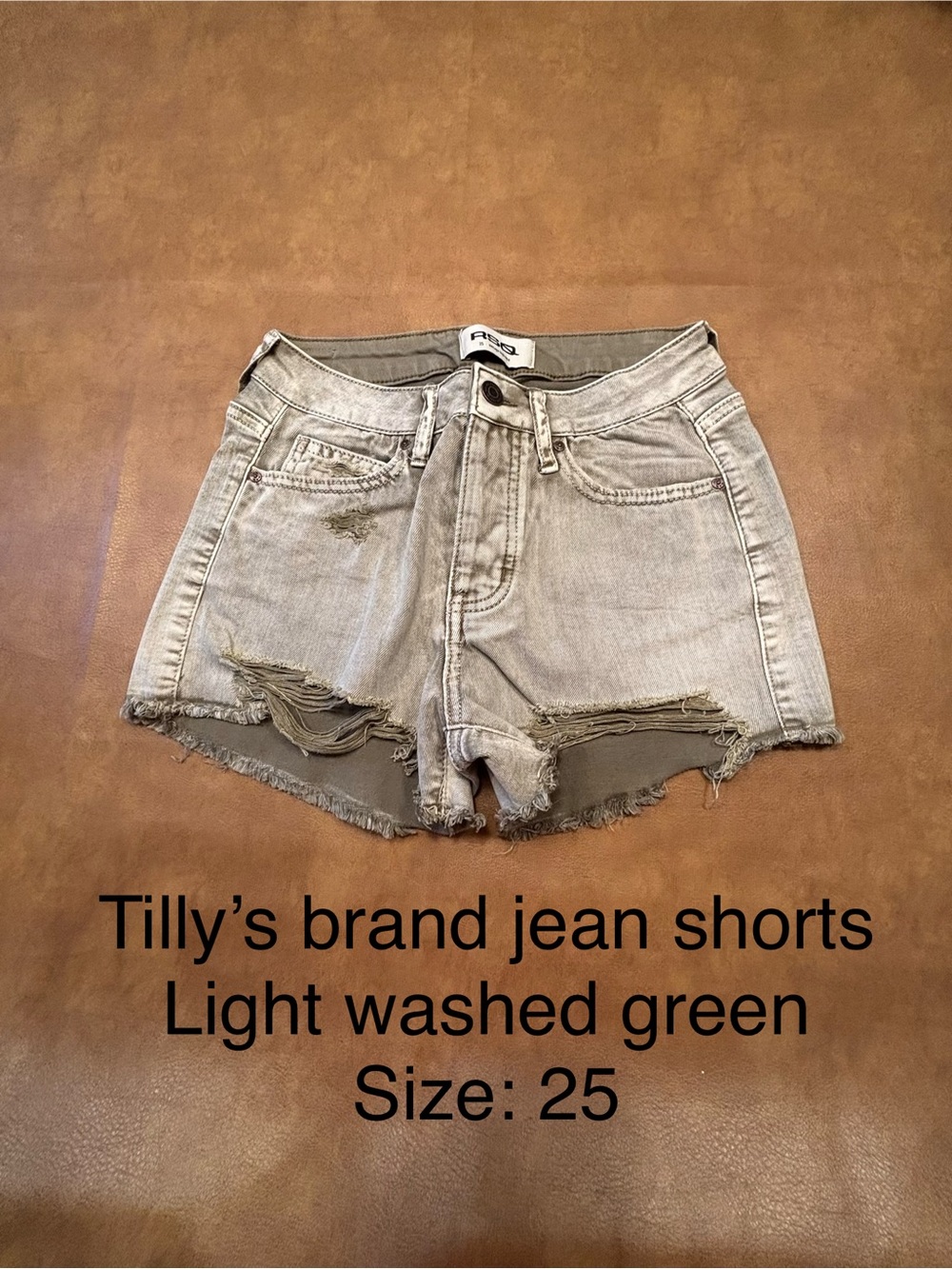 Tilly's Light Washed Green Distressed Denim Shorts